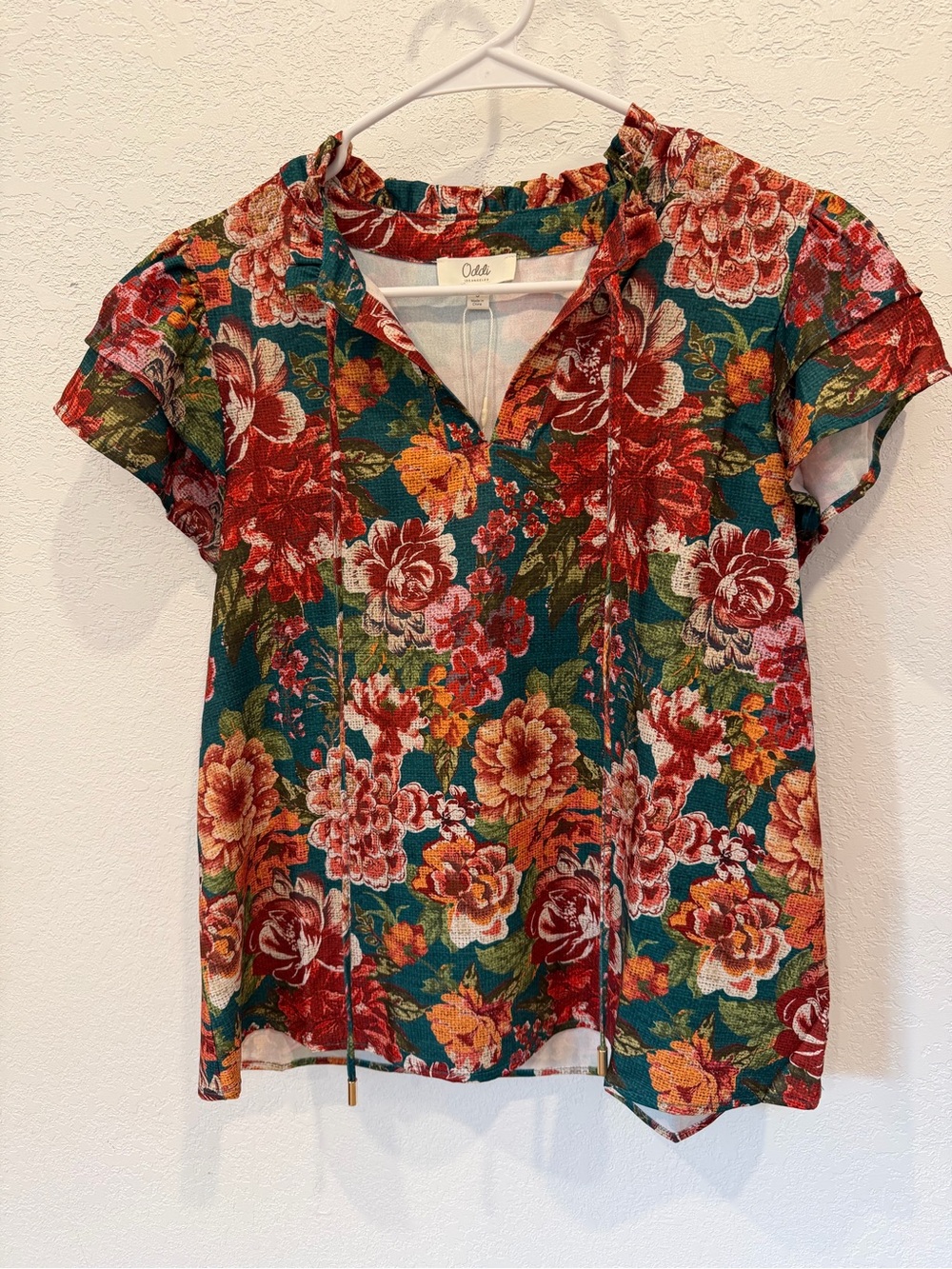 Women’s Floral Teal Short-Sleeve Split-Neck Blouse with Ruffle Sleeves
